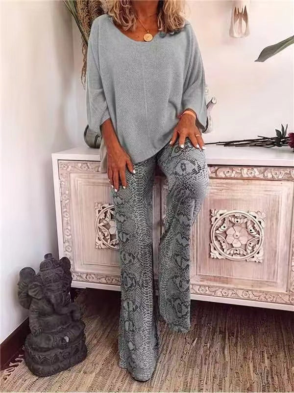 Women's Solid Color Top Printed Trousers Suit