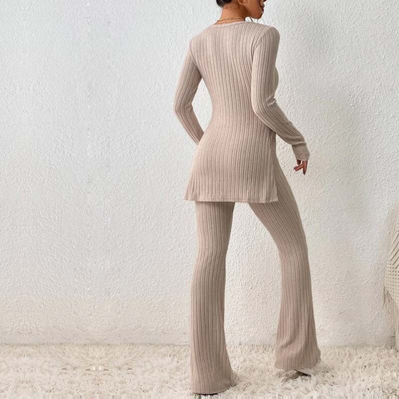 Knitted Hollow Striped Two-piece Suit Pants Hem