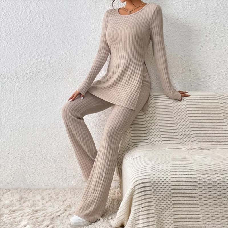 Knitted Hollow Striped Two-piece Suit Pants Hem