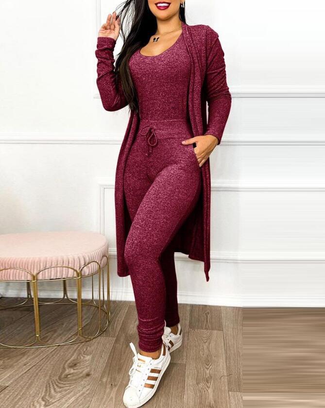 Women's Casual Suit High Waist Slip-on Casual Pants Drawstring Pocket Design Jumpsuit And Cardigan Cover